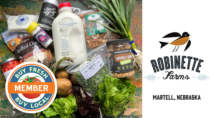 Robinette Farms Spotlight image showing a variety of nebraska-made and grown produce, foods, and dairy products